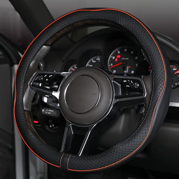 Car Steering Wheel Cover, Anti-Slip, Safety, Soft, Breathable, Heavy Duty, Thick, Full Surround, Sports Style (Black with Light Orange Line)