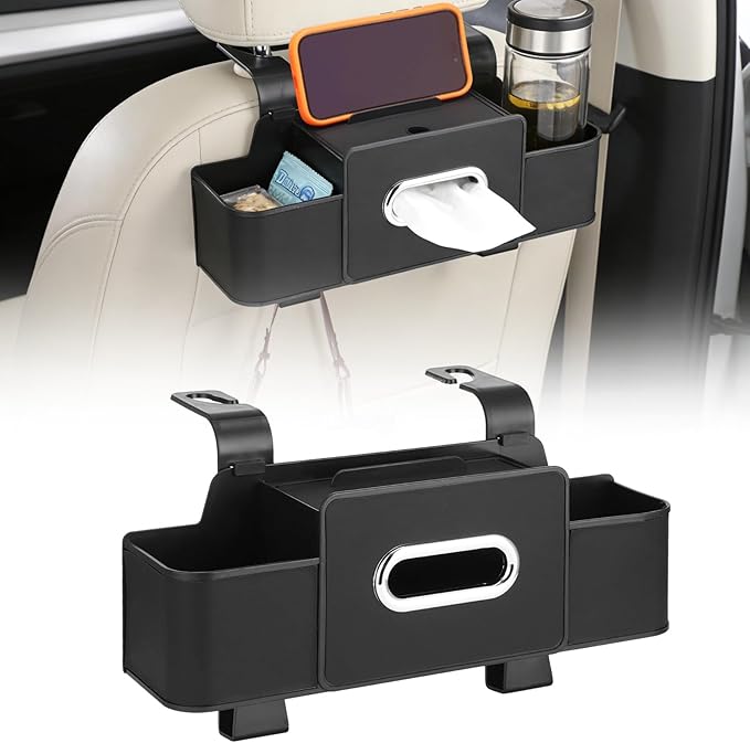 Multifunctional Car Back Seat Organizer, Cup Holders, Headrest Storage, High-Capacity Tissue Box, Quality PU Leather Seat Back Protector, Black, 12.8 x 3.3 x 4.5 in