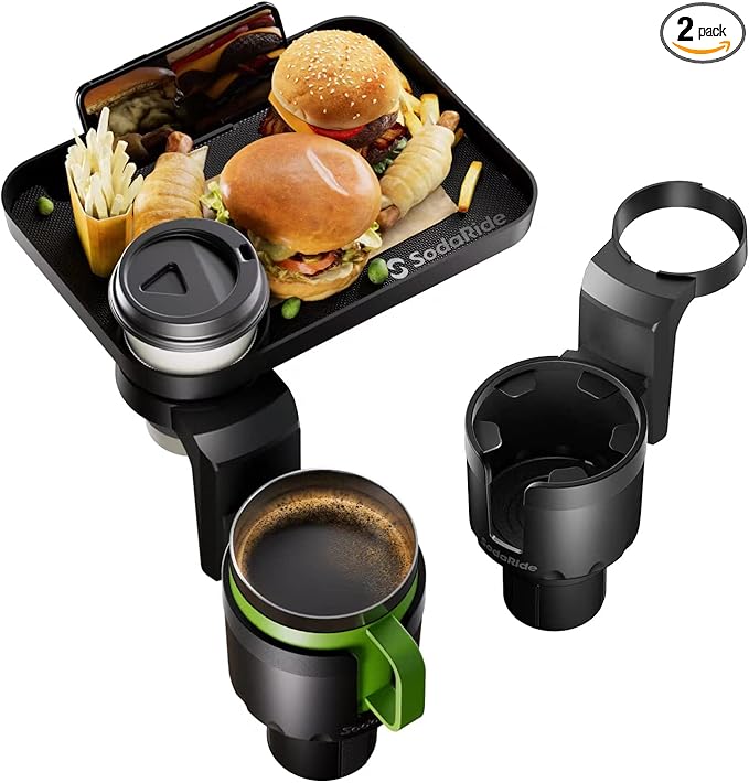 SodaRide Car Cup Holder Expander 2 Pack with Large Size Detachable Food Tray, Car Drink Holder Adapter with Solid Base - Fits Yeti, Hydro Flask, 32/40 oz, Road Trip Essential Car Travel Accessories