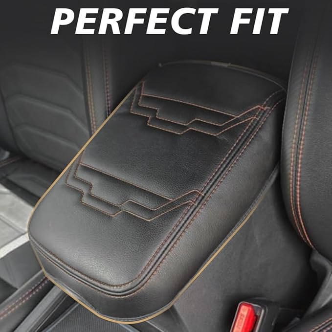 Muslogy for Frontier Center Console Pad Armrest Box Cover Vegan Leather Soft Accessories Armrest Lid Protector Compatible with Nissan Frontier 2022-2025 2026(Regular Thick, V2 Orange Stitching)