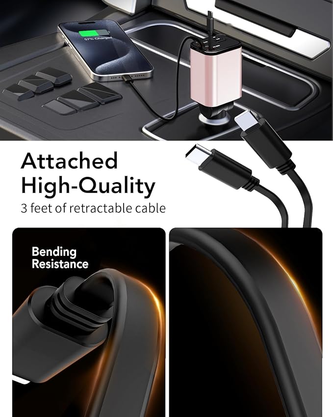 69W Fast Charging USB C Car Charger, 4-in-1 Retractable Phone Charger for iPhone 17, Travel Essentials, Gifts for Women Men, Car Accessories for Women Men, for iPhone 17 16 15 14 13, Galaxy, Pixel