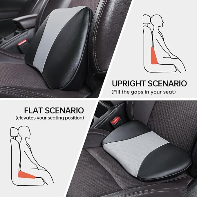Aerovia 1p Memory Foam Lumbar Support Pillow for car Lower Back Pain Relief - Back Cushion for Driving, Chair Support for Car-Office Chair（Black&Grey）