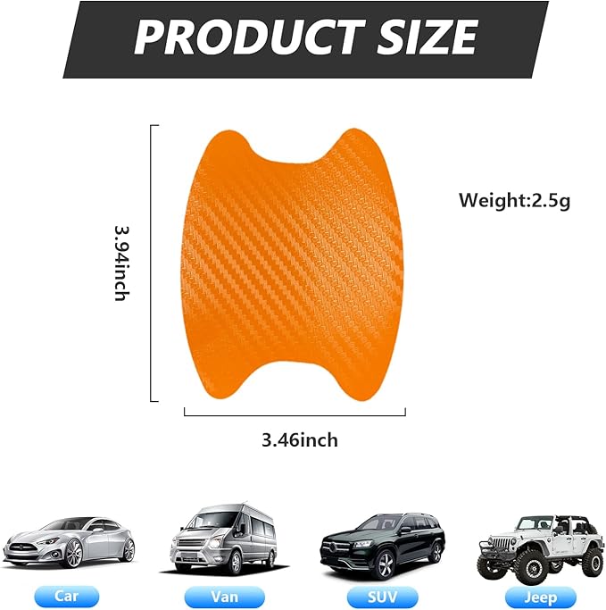Kewucn 4PCS Car Door Handle Sticker, Carbon Fiber Auto Door Side Handle Protective Films, Anti-Scratch Vehicle Door Cup Protector, Universal Exterior Accessories for Most Cars (Orange)