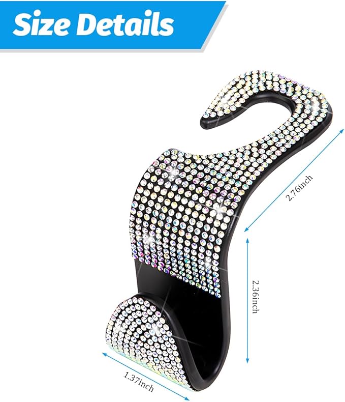 4PCS Bling Car Seat Headrest Hooks, Vehicle Back Seat Purse Handbag Hanging Holder with Crystal Rhinestone, Diamond Storage Organizer Hook, Universal Automotive Accessories (Black/AB)