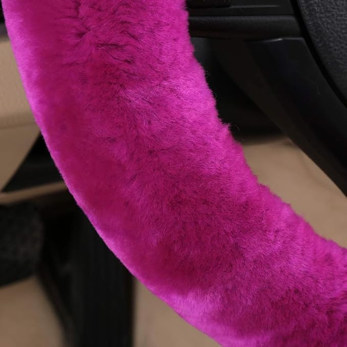 Fluffy Fur Wool Sheepskin Car Steering Wheel Cover for Woman Universal Auto Fuzzy Steering Wheel 14 1/2 inch-15 1/2inch Protector, Comforting Luxurious Soft (Magenta)