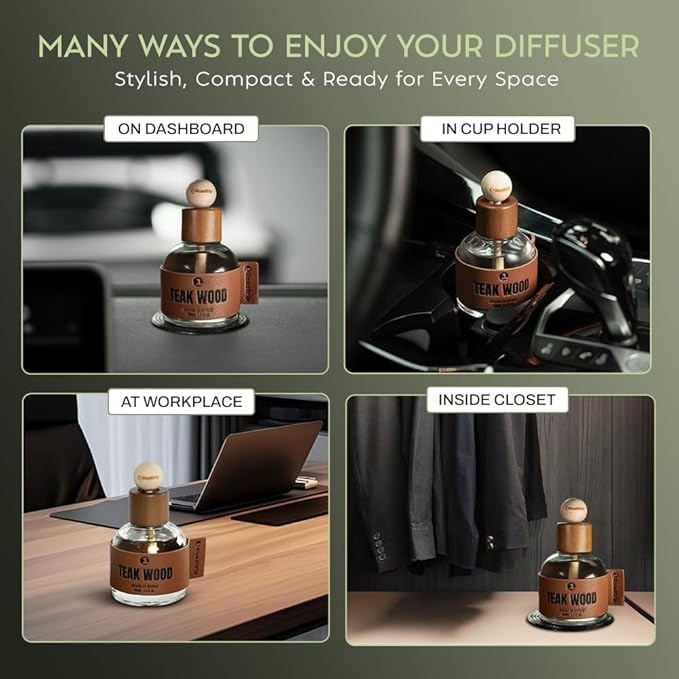 1Roadtrip Car Air Freshener - Long Lasting Essential Oil Diffuser - Aromatherapy Accessories for Men & Women - Non-Toxic Odor Eliminator - Teakwood Car Scent Diffuser 3.38 FL OZ/100ML