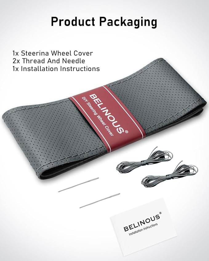 BELINOUS Universal Leather Car Steering Wheel Cover, Stitch On Wrap (Size M2, Gray)