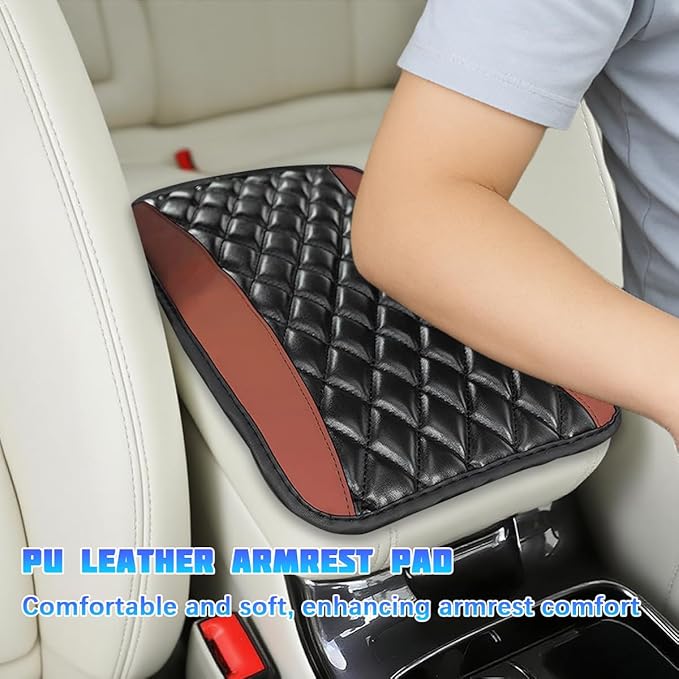 Car Center Console Cover, Comfortable PU Leather Vehicle Armrest Storage Box Cushion Pad, Anti-Scratch Automotive Interior Arm Rest Cover Protector, Universal for Truck SUV Sedan (Brown)