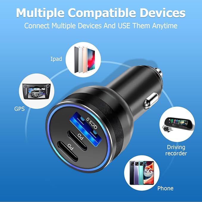 USB C Car Charger, Fast Charging 3 Port Dual PD & USB A Vehicle Power Adapter, PD3.0 QC3.0 Automotive Cigarette Lighter Charger Cable Accessories, Universal for SUV, Sedan, Truck