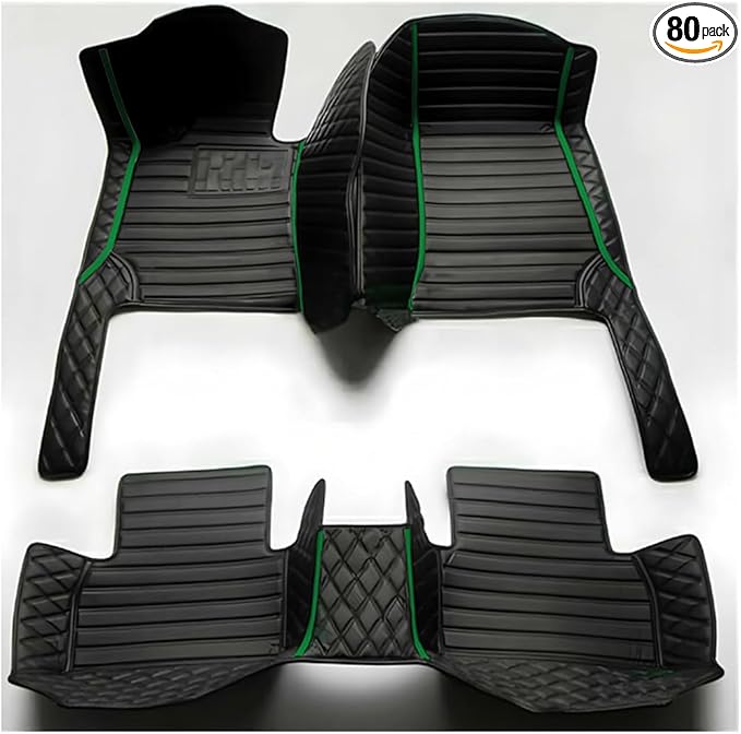 TREGOO All Weather Car Mats Custom Fit Non Slip Floor Mats for 1998-2025 Cars Personalized Leather Protection Pads Suitable for Men Women (Black Double Panel with Green Stripe)
