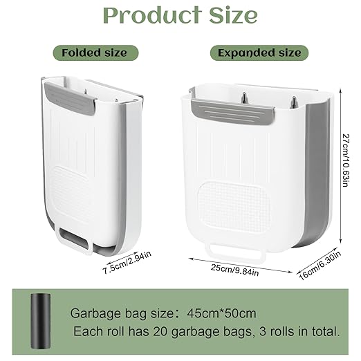 JIABEIUS Collapsible Hanging Trash Can, Compost Bin Kitchen with 60pcs of Garbage Bags, 2.6 Gallon Plastic Folding Garbage Bin for Cabinet, RV, Camping, Bedroom