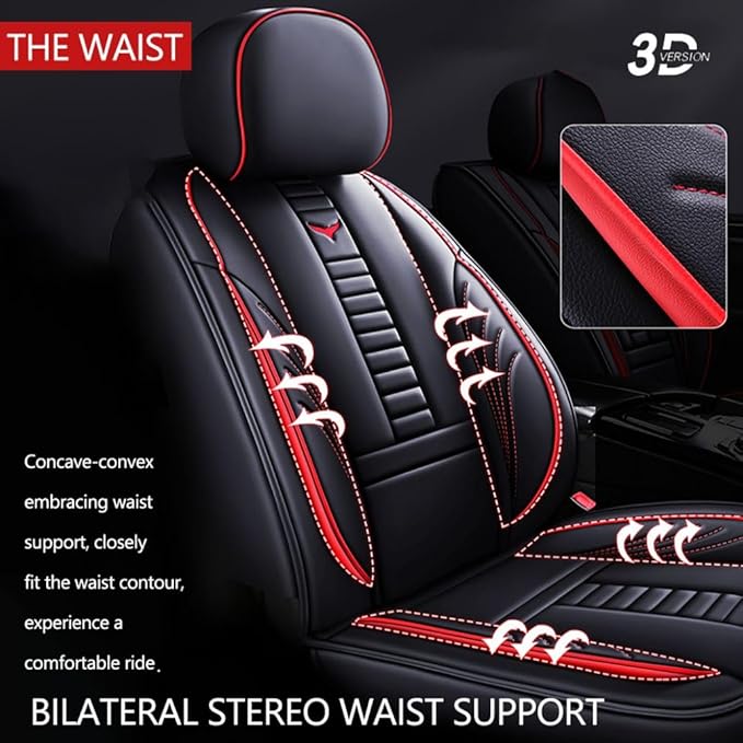 Niscarda for Hyundai Santa Cruz Seat Covers 2022-2024, 3D Protection Faux Leather Seat Protector Car Interior Covers with 2 * Neck Pillow & 2 * Lumbar Support (Black and Red, Full Set)
