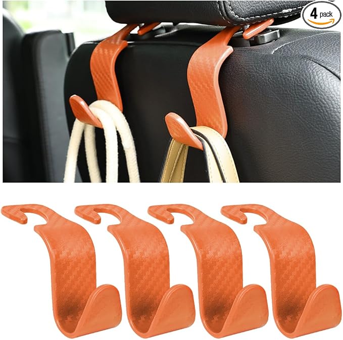 Hanemia 4PCS Car Seat Headrest Hooks, Auto Back Seat Hanger Holder, Durable Stylish Vehicle Organizer Universal Car Interior Accessories, Storage Hooks for Purses, Bags, Clothes (Carbon Fiber/Orange)