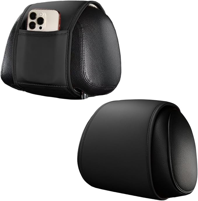 2PCS Car Headrest Covers for Back Seat, Leather Dirt-Proof Car Seat Head Rest Protector with Pocket, All Season Universal Auto Interior Decoration Headrest Organizer for Phone, Key (Black)