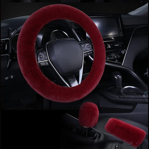 1 Set 6 Pcs Fluffy Car Steering Wheel Cover & Seat Belt Shoulder Pads & Handbrake Cover & Gear Shift Cover Set & Seat Belt Shoulder Pads Faux Wool Universal Fit Car Interior Accessories (Wine Red)