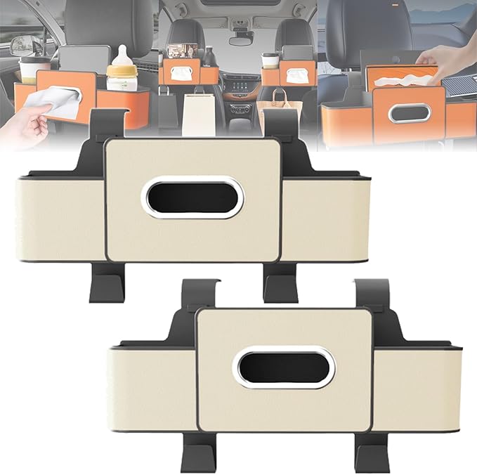 Car Organizers and Storage Box, 4 in 1 Multifunctional Car Organizer Back Seat with 2 Cup Holders & Tissue Box, Backseat Cars Organizer for Hold Phone, Snacks, Drinks, Handbag(White,2Pcs)