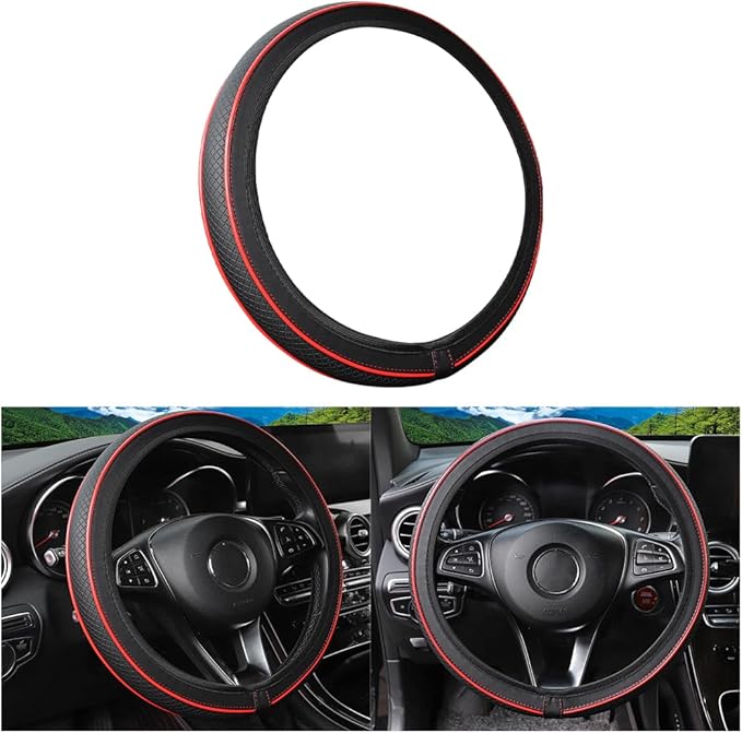 Car Steering Wheel Cover, Anti-Slip Breathable Leather Vehicle Steer Wheel Protector Adaptable to 14.5-15 Inches, Steering Wheel Protection Guard, Universal Automotive Accessories (Red)