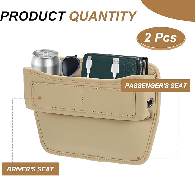 HARFINGTON 2pcs Car Seat Gap Filler Organizer 11.3 x 8 x 2.2 Inch Leather Universal Car Organizer Storage Box Between Seat and Console for Phone Sunglasses Keys, Beige
