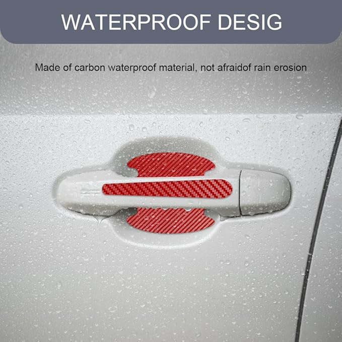 8PCS Car Door Handle Scratch Protector, Car Door Handle Sticker, Carbon Fiber Auto Doors Handles Paint Guard Cover, Waterproof Auto Paint Guard Protective Films Fit for Most Vehicles (Red)