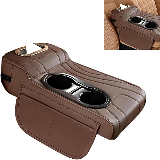 Car Armrest Cushion, Leather Center Console Cover Protector, Multifunctional Storage Pad with Dual Cup Holder, Tissue Box & Side Card Slot, Universal for Most Cars (Coffee)