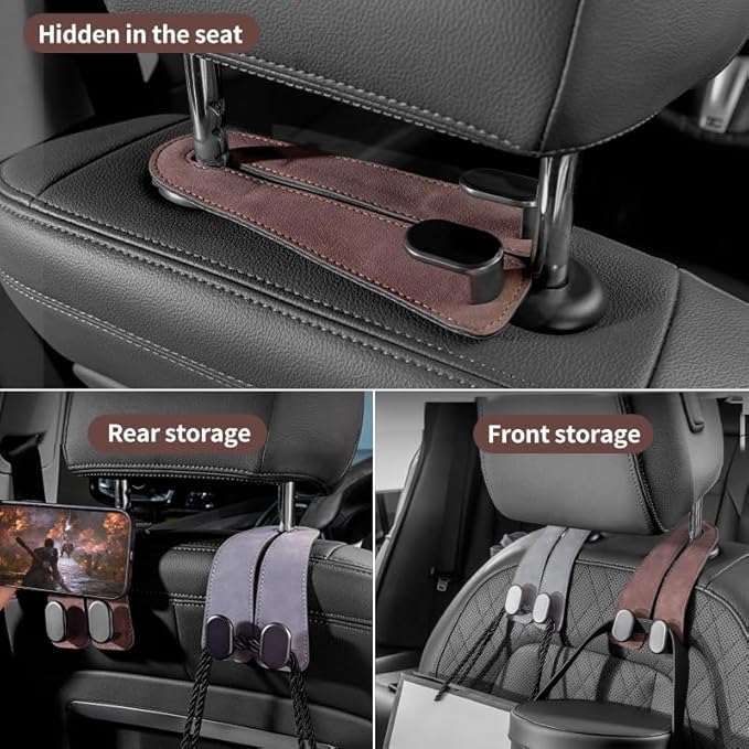FEELIORX 2PCS Car hooks for headrests, Multifunctional luxury leather and magnesium alloy car seat backrests hooks and storage functions, (brown)