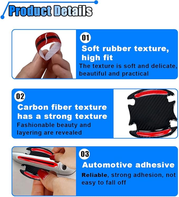 8PCS Reflective Car Door Handle Protector Stickers - Carbon Fiber Auto Handle Guard, Anti-Scratch, Red