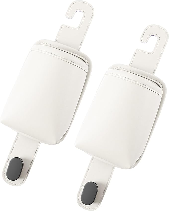 2-Pack Car Seat Back Cup Holder Organizer, Faux Leather Car Cup Holders with Hooks, Universal Backseat Storage for Drinks, Bottles & Travel Accessories (White)
