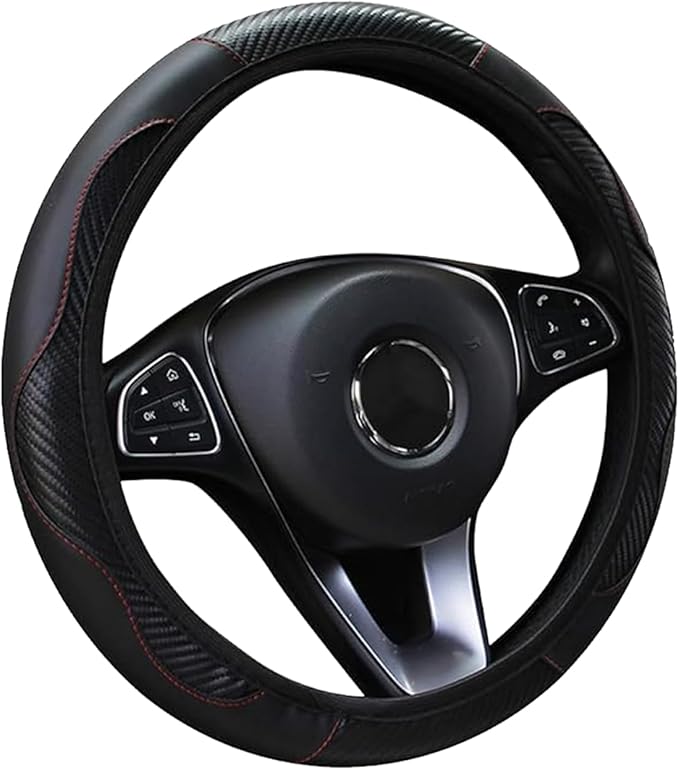 Car Steering Wheel Cover, 15 inch Carbon Fiber Microfiber PU Leather Elastic Steering Wheel Protector for Men Women, Universal Durable Car Decorative Fit for Most Cars, Trucks, SVU (Black)