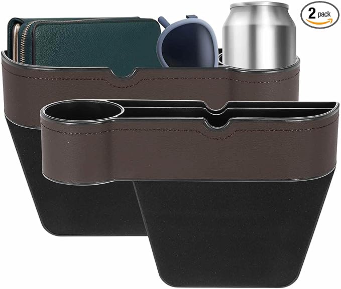 HARFINGTON 2pcs Car Seat Gap Filler Organizer 10.6 x 7.1 x 2.8 Inch ABS+Leather Universal Car Organizer Storage Box Between Seat and Console (Left+Right) with Cup Holders for Phone, Brown