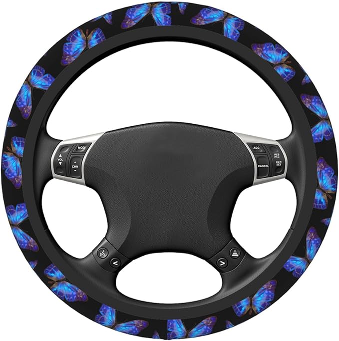 Blue Butterfly Neoprene Steering Wheel Cover Anti-Slip Elastic Steering Wheel Protector 15in Universal Car Accessories Fit Cars, SUVs, Auto