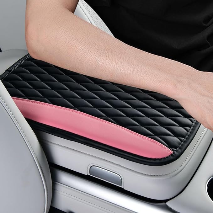 Car Center Console Cover, PU Leather Waterproof Vehicle Armrest Seat Box Protector, Automotive Interior Arm Rest Cushion Protection Accessories, Universal for SUV Sedan Truck (Black/Pink)
