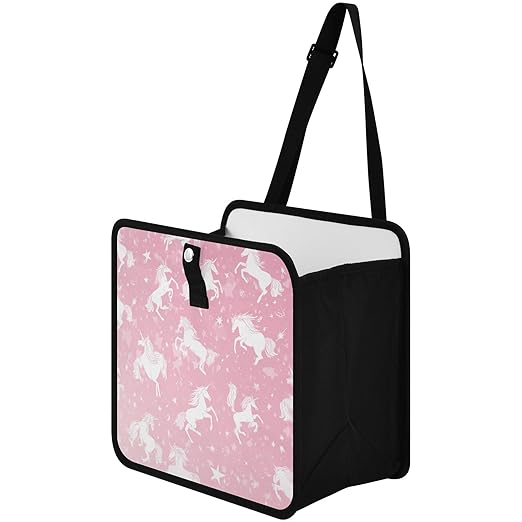Car Trash Can Organizer Bin with Adjustable Strap for Back Front Seat Console Waterproof Leakproof Collapsible Portable 11 Inch Pink Unicorns Silhouette and Stars