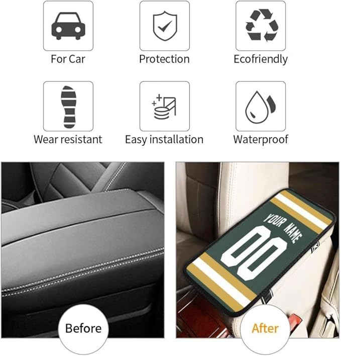 Custom Car Armrest Cover,Add Personalized Name and Number As Gifts for Loyal Football Fans,American Football Auto Center Console Pad Car handrail Box Cushion,Fit for Most Car Seat Box Cover Protector