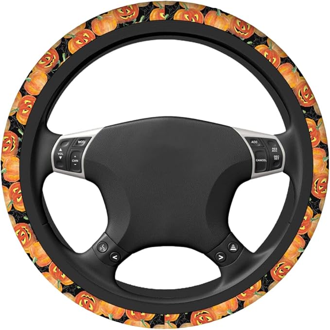 Swono Pumpkins Universal Neoprene Steering Wheel Cover Cute Halloween Pumpkins Orange 15 Inch Steering Wheel Covers,Printed Steering Wheel Elastic Protection for Women and Girls