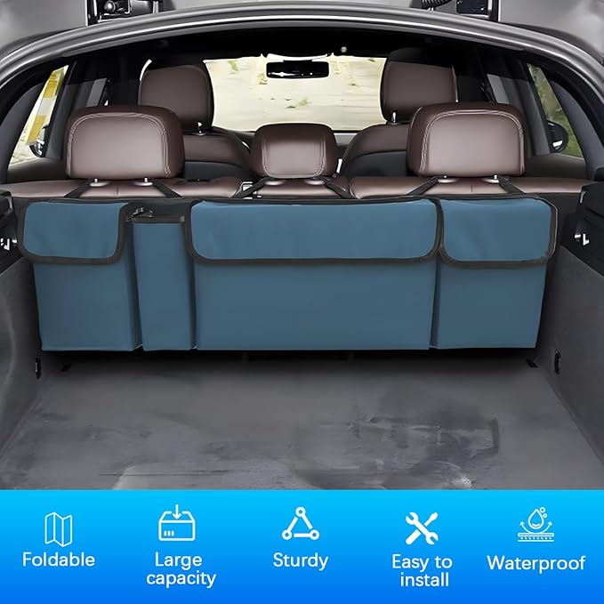 Car Trunk Organizer with Lid, Large Waterproof Vehicle Backseat Hanging Storage Bag with 4 Pockets & Adjustable Straps, Collapsible Automotive Interior Cargo Bag, Universal Fit (Blue)