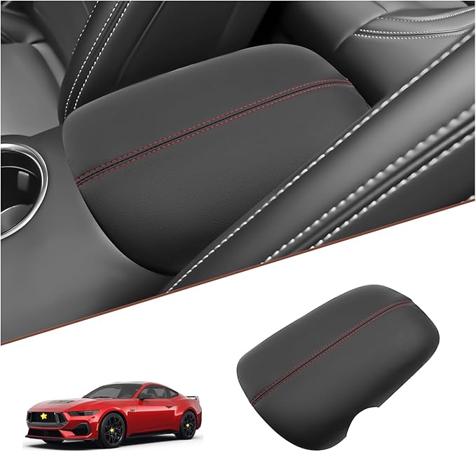 SKTU for 2024 2025 2026 Ford Mustang Accessories Center Console Cover for 2024 2025 2026 Ford Mustang Armrest Cover 2024 2025 2026 Mustang Center Console Cushion (Black with Red Line)