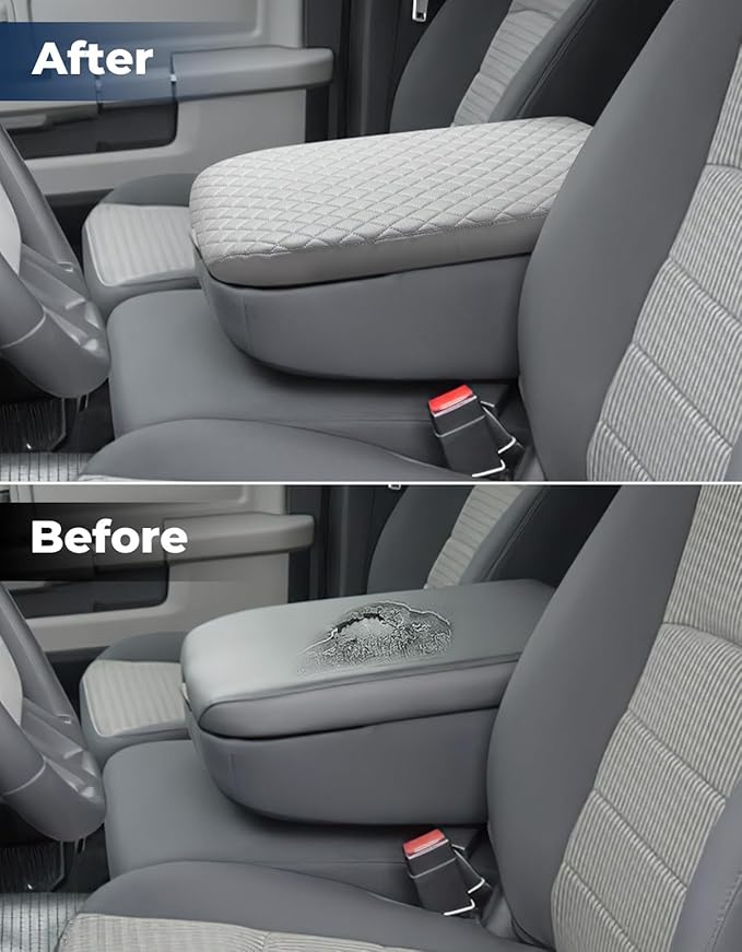 ISSYAUTO Center Console Cover Compatible with 2002-2012 Ram 1500 2500 3500 Jump Seat Console, Leather Armrest lid Cover Arm Rest Covering for Car, Durable Middle Console Cover, Gray