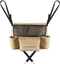 Car Purse Holder Between Seats, Luxury Leather Front Seat Back Handbag Organizer with Tissue Box Cup Holders, Auto Large Capacity Multi Pocket Purse Holder Hanging Storage Bag (Beige)