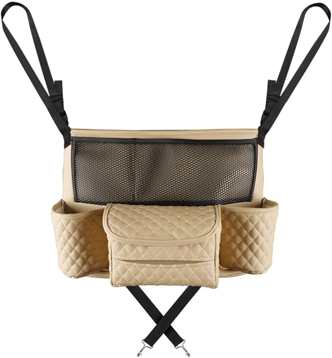 Car Purse Holder Between Seats, Luxury Leather Front Seat Back Handbag Organizer with Tissue Box Cup Holders, Auto Large Capacity Multi Pocket Purse Holder Hanging Storage Bag (Beige)
