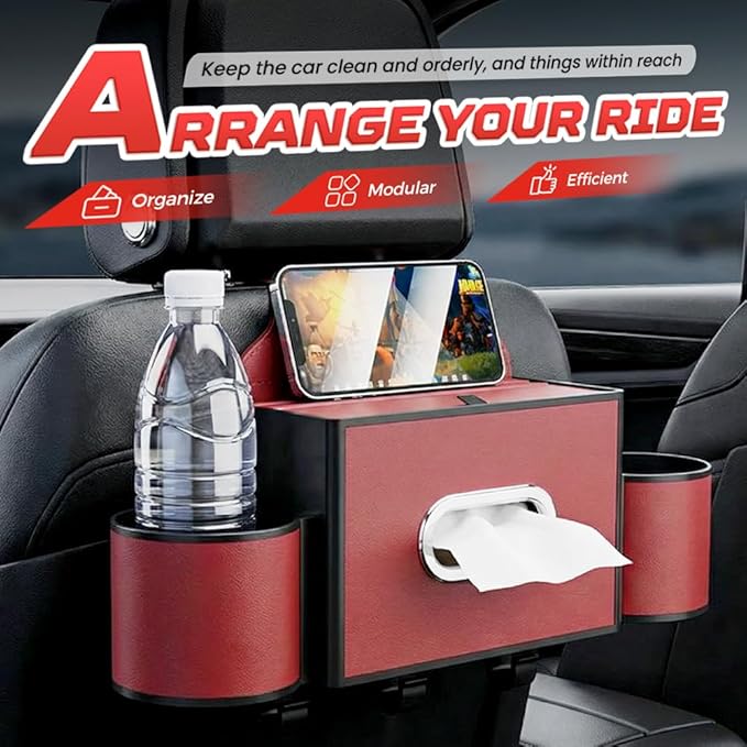 3-in-1 Car Backseat Organizer with Cup Holder, Tissue Box, Trash Bin & Hooks,Multifunctional Back Seat Car Organizer for Hold Phones,Snacks,Drinks,and Handbags (A-Beige)