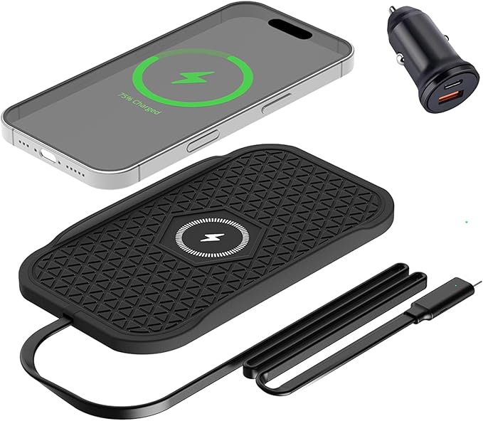 Wireless Car Charger,Fast Wireless No-Slip Charging Pad for car Cell Phone Cordless Charger mat Samsung Galaxy S24/S23/S22/S21, Android Phones, iPhone 16/15/14/13/12 Series,Airpod (Black)