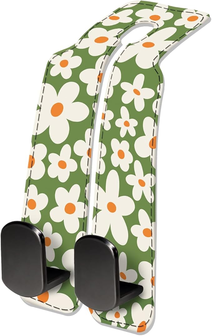 NUGGHU Car Seat Headrest Hook, Universal Leather Cute Hanger Holder Hook, Storage Organizer Interior Accessories for Purse Bags Handbag Cute Green Daisy