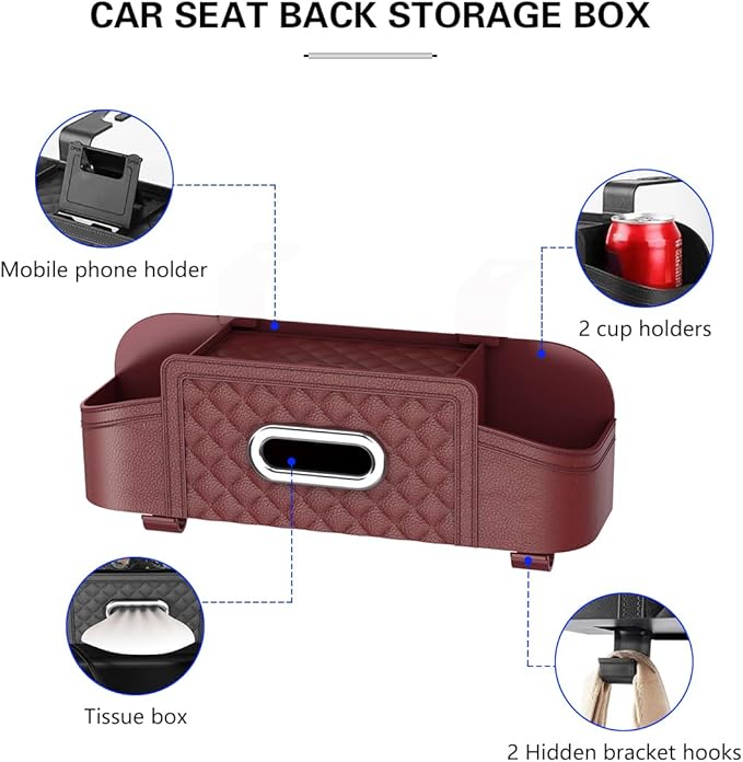 Mandark Car Headrest Backseat Organizer, Multifunctional Vehicle Seat Back Storage Box with Drink Cup Holder and Hooks, Automotive Travel Accessories, Universal for SUV, Sedan, Truck (Wine Red)