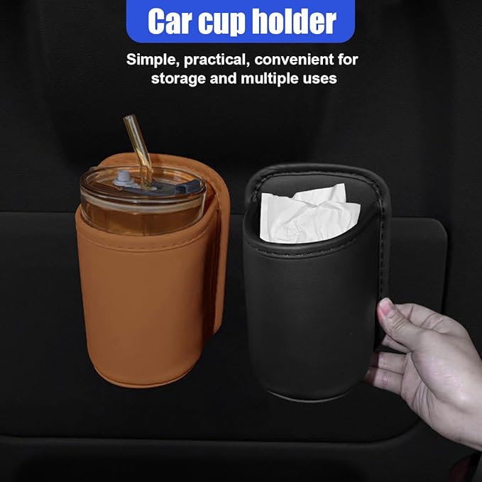 Leather Car Cup Holder, Hanging Automotive Back Seat Bottle Holders, Scratch-Resistant Vehicle Door Drink Holder, Clip-On Auto Organizer Accessories for Soda Cans, Coffee (Orange)