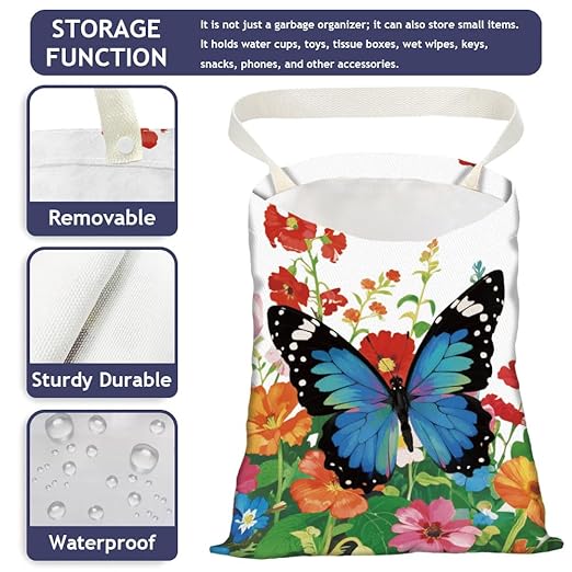 Butterfly Flower Field Print Car Trash Bag Portable Hanging Garbage Bag with Snap Buttons Back Seat Rubbish Storage Dustbin for Women Man Car Interior Accessories Kitchen Home Travel
