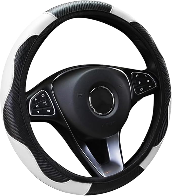 Car Steering Wheel Cover, 15 inch Carbon Fiber Microfiber PU Leather Elastic Steering Wheel Protector for Men Women, Universal Durable Car Decorative Fit for Most Cars, Trucks, SVU (White)