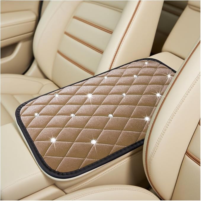 HZEL Bling Car Center Console Cover, Crystal Rhinestone Velvet Soft Vehicle Seat Armrest Box Protector Cushion, Comfortable Diamond Auto Arm Rest Mat Pad, Universal for Truck SUV Sedan (Beige)