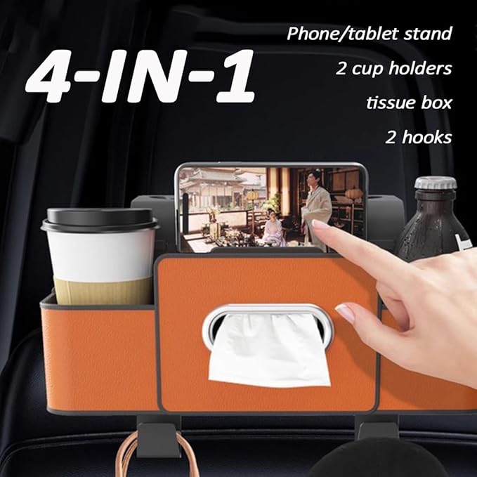Upgraded Car Organizers and Storage Box, 1/2PCS Multifunctional Headrest Backseat Organizer with 2 Cup Holders, Tissue Box and Hooks, Smart Over-Seat Car Organizer for Most Vehicles (Beige*2)