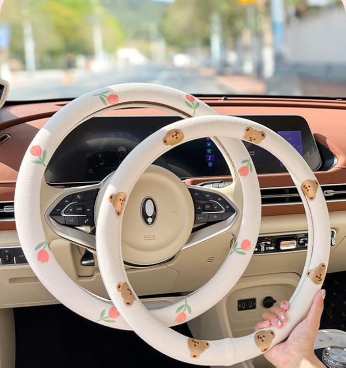 Wheel Cover Flax Microfiber Steering Wheel Covers for Women Fit 15 inch Car Cute Bow Tie Anti-Slip Breathable Absorbing Sweat Cover (Type-D-Bear)