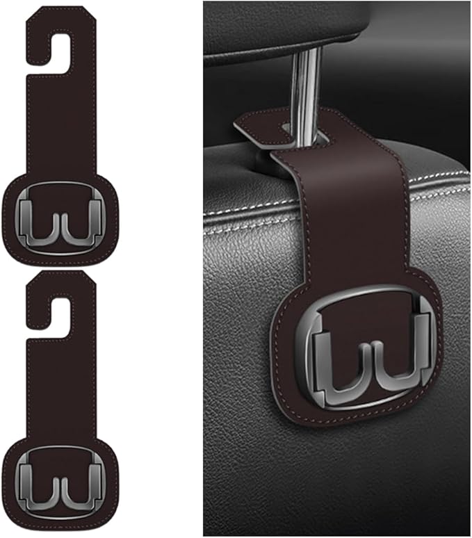Car Headrest Hooks, 2PCS Foldable Double Vehicle Back Seat Organizer Hanging Holder for Purse Coat Umbrella, Automotive Interior Seatback Storage Hanger Accessories, Universal Fit (Brown)